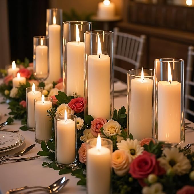 24 PCS White Pillar Candles with Glass Candle Holders Clear Hurricane Candle Holders Glass Cylinder Vases for Centerpieces Wedding Party, Event, Home Office (12 Candles+12 Candle Hoders)