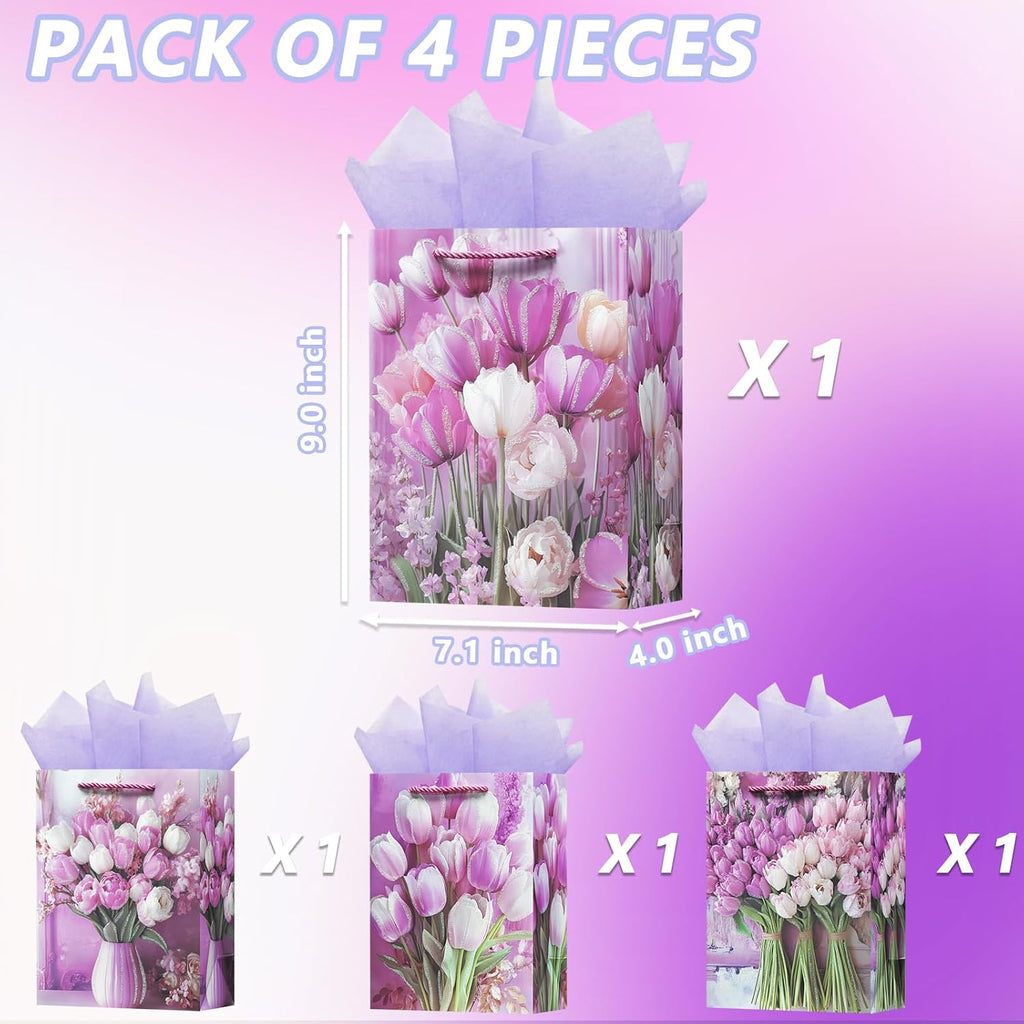 OFIHANLY 4 Pack 9" Small Size Floral Gift Bag with Handles for Women Birthday Purple Tulip Paper Gift Wrap Bags with Tissue Paper for Happy Mother's Day, New Mom, Grandma