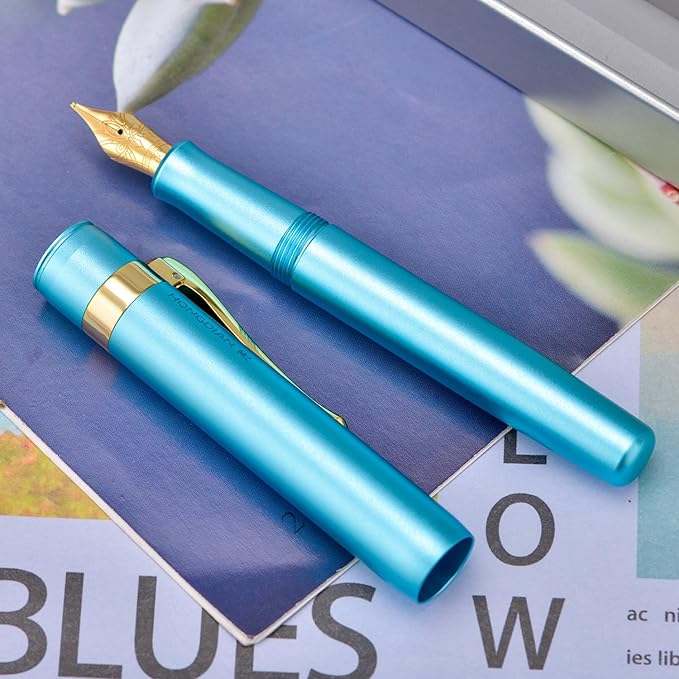 HONG DIAN M2 Black Forest Mini Fountain Pen, Medium Soft Nib & Sleek Shape Aluminium Short Pocket Travel Pen (Lake Blue)