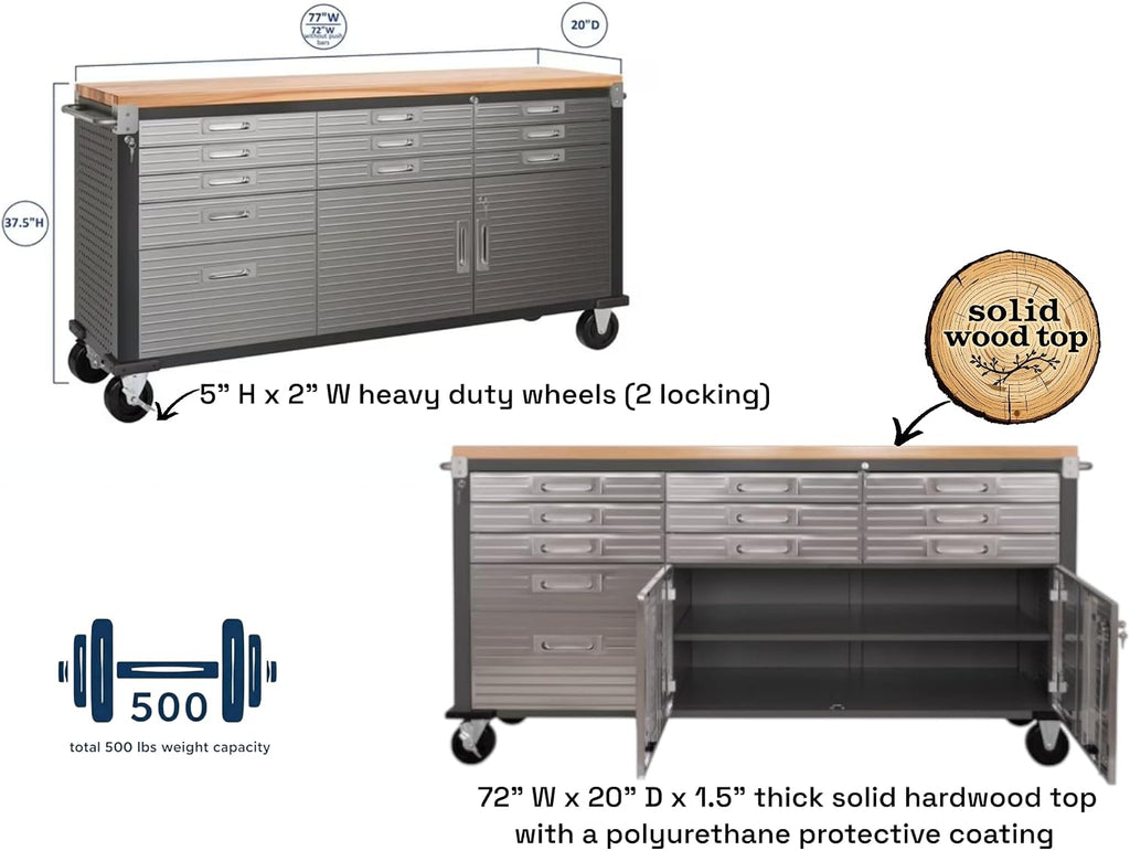 Heavy Duty 8-Piece Steel Garage Cabinet Storage Set with Rolling Workbench, Storage Cabinet System,Perfect for Big Garage or Workshop. (Graphite Black, 12 feet (144” W x 20" D x 90.5" H))
