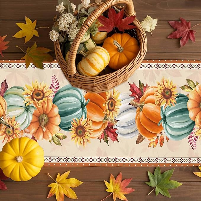 Fall Thanksgiving Southwest Cotton Linen Table Runner for Dining Kitchen, Orange Pumpkins Wedding Outdoor Party Rustic Tablerunners Decoration, Sunflower Dresser Scarf Tablecloth Runners 13x48 Inches
