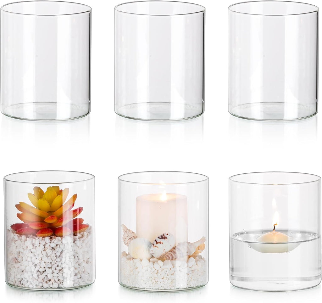 Glasseam Hurricane Glass Candle Holder Set of 6, Cylinder Clear Candle Holders for Pillar Candles, Modern Cylinder Vases for Floating Candles, Vases for Centerpiece Wedding Table Decorations, 4inch
