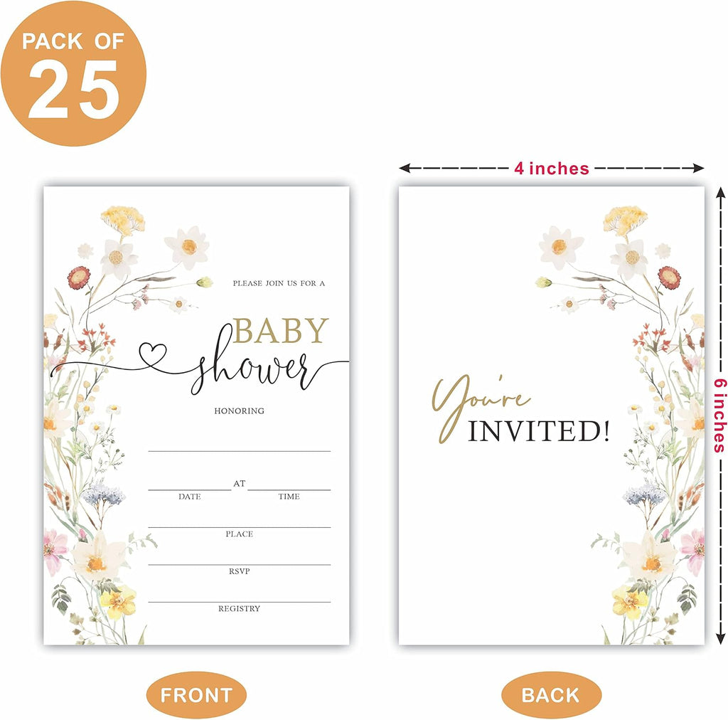 TPYEN Boho Wild Flower Baby Shower Invitations, Baby Shower Fill-In Invitation Cards With Envelopes - Gender Reveal Party Decorations & Supplies-B02