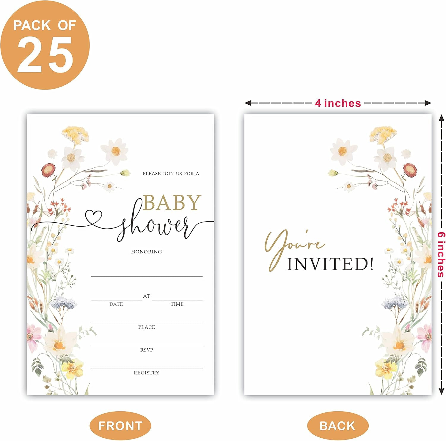 TPYEN Boho Wild Flower Baby Shower Invitations, Baby Shower Fill-In Invitation Cards With Envelopes - Gender Reveal Party Decorations & Supplies-B02