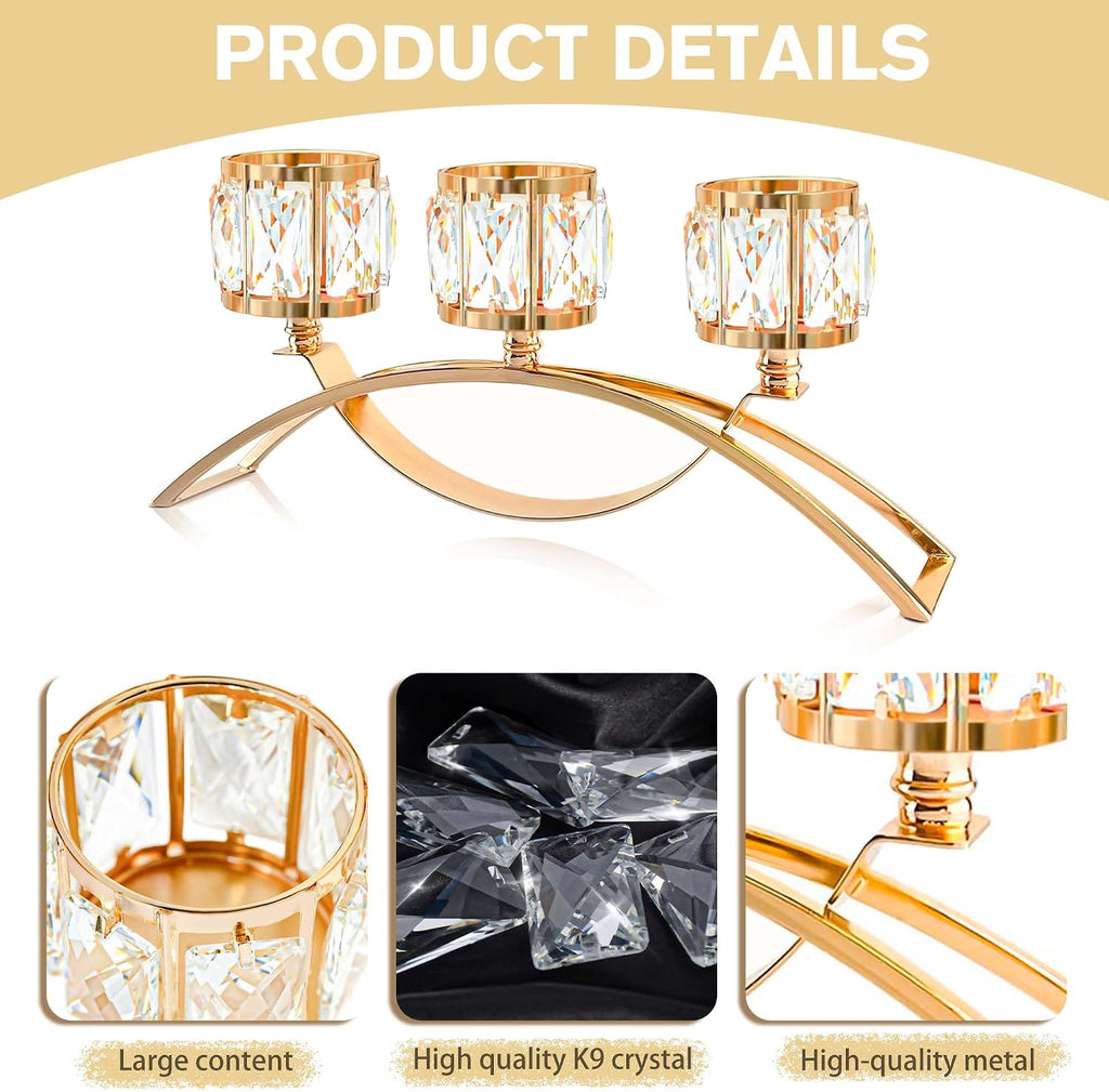 3 Arms Crystal Candle Holders, Arch Candlestick Table Candelabras Centerpieces for Wedding, Dinning Room, Cabinet Ornaments, Home Decoration， Gift (Gold, 2 Pcs-3 Arm Arched)