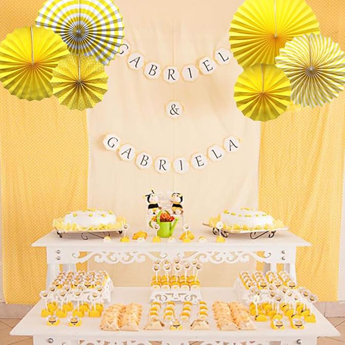 ADLKGG Party Hanging Paper Fans Set, Yellow Round Pattern Paper Garlands Decoration for Birthday Wedding Graduation Events Accessories, Set of 6