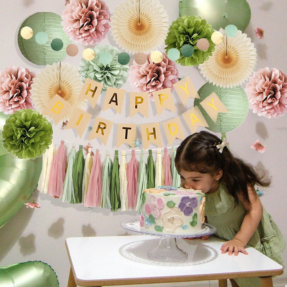 Olive Green and Pink Birthday Decorations Sage Green and Dusty Pink Birthday Decorations Dusty Rose Pom Poms Boho Sage Green Birthday Party Decorations with Green Pink Tassel Garland for Women Girls