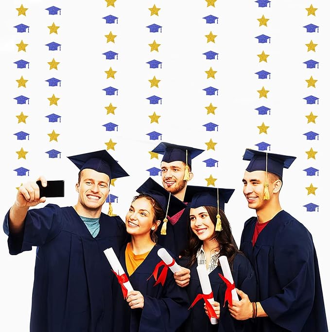 Navy-Blue Gold Graduation-2025 Class Party-Decorations - Congrats Grad Hat Star Banner Streamers Garland,Senior High School Night College Congratulations Decor Supplies Ouruola