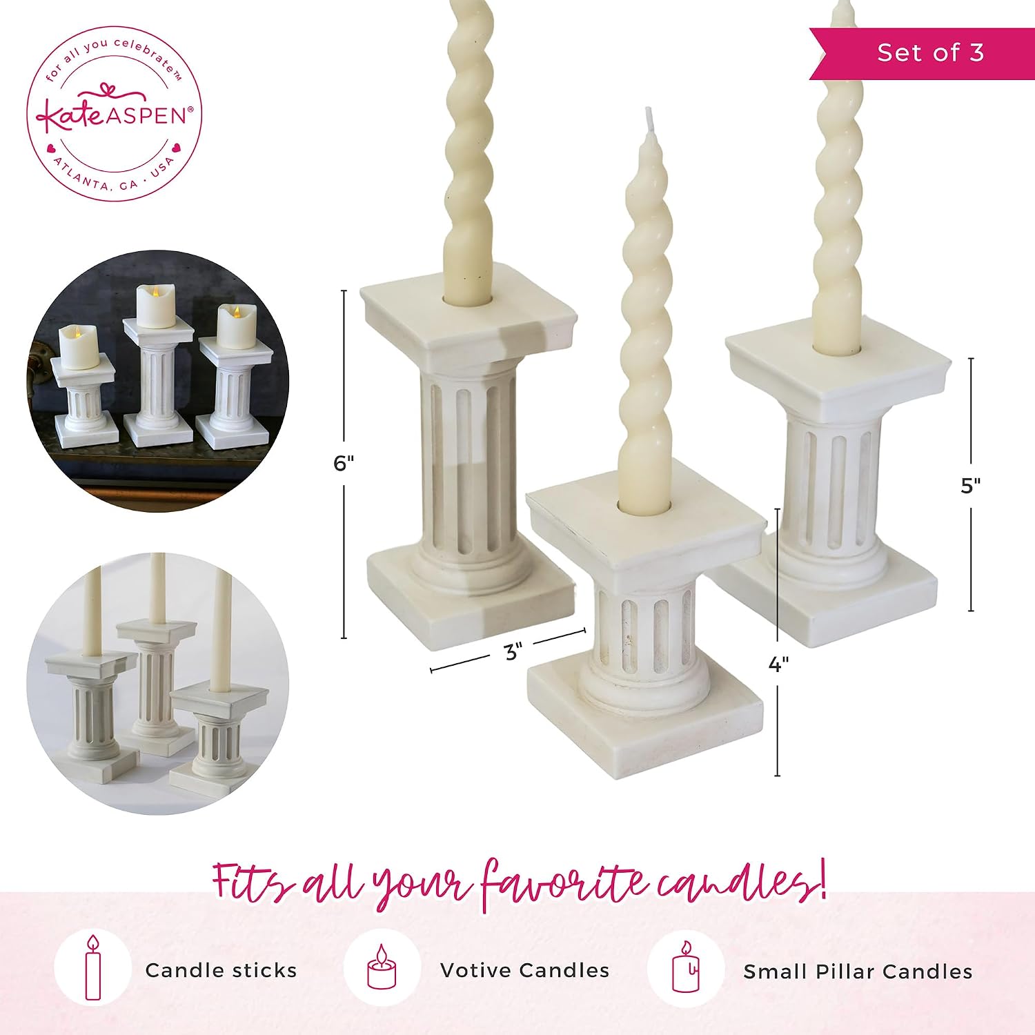 Kate Aspen Greek Column Inspired Dual Sided Pillar Pedestal Stand Tapered Candle Stick Holder/Votive Holder, Vintage Home Decor, Centerpiece Table Decorations, Fireplace Decor