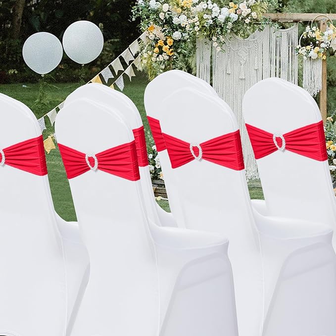 Howhic Pack of 30 Spandex Chair Sashes Bows Stretch Chair Cover Band with Buckle Slider Universal Elastic Chair Ties for Wedding Banquet Party Event Decoration (Ruby)