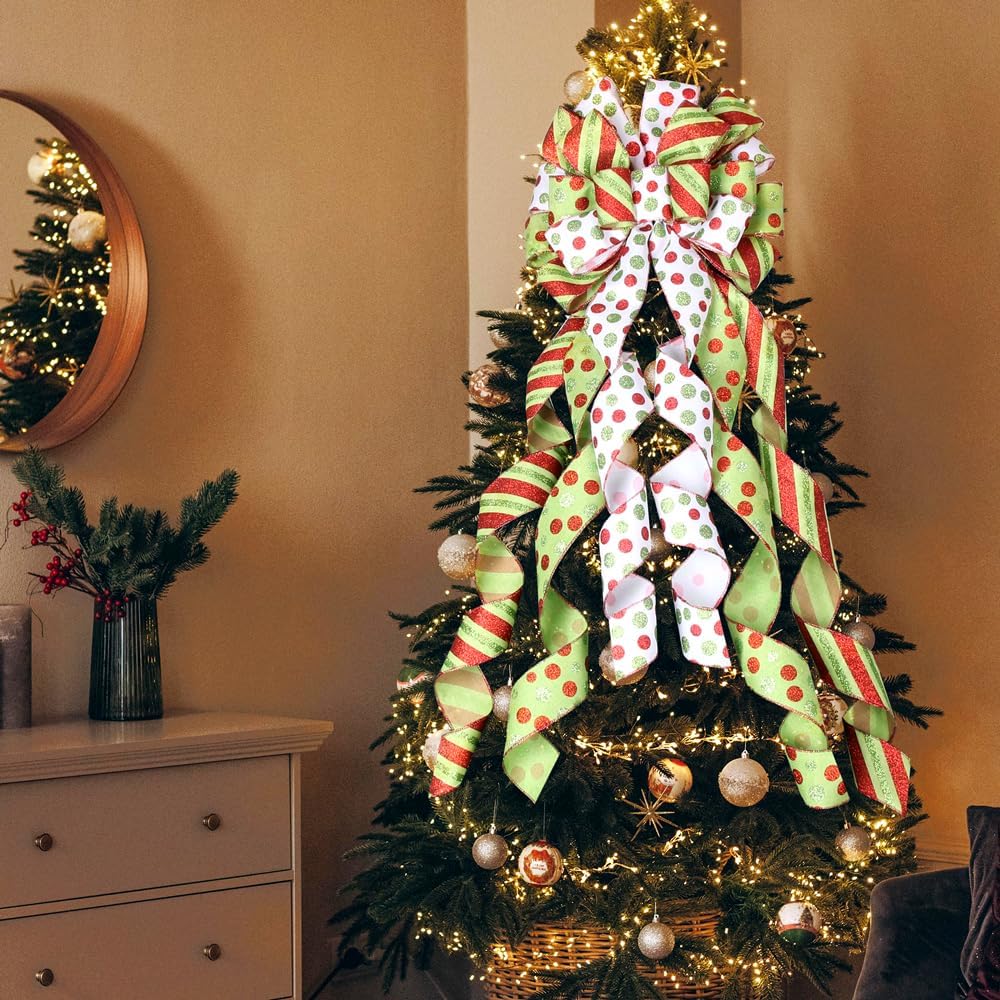 Christmas Tree Topper Wreath Bow Large Green Christmas Bow Tree Topper, 45"x13" Red Green Dot Polyester Gift Ribbon for Xmas Ornament Holiday Home Wedding Thanksgiving Indoor/Outdoor Decoration