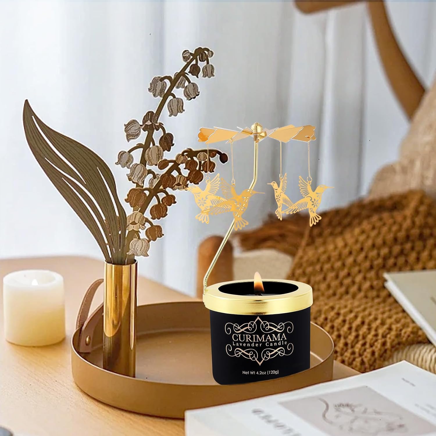 Lavender Scented Candle with Rotating Hummingbird - Soy Wax Aromatherapy Candle, Relaxing Gift for Women, Birthday and Anniversary Present for Mom, Wife and Grandma