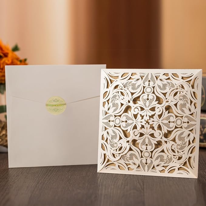 Hosmsua 50PCS Ivory Laser Cut Wedding Invitation Cards with Envelopes 6.3 x 6.3 Inch Hollow Rose Invitations for Wedding Bridal Shower Invite (Ivory, Blank)