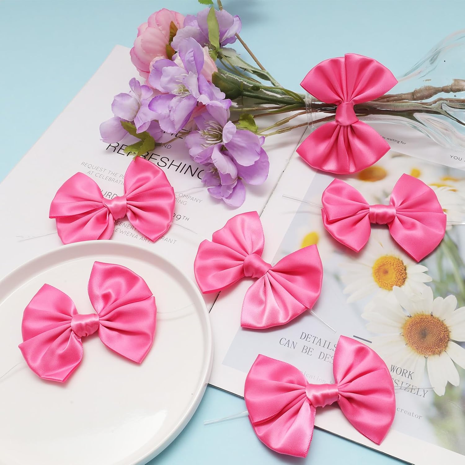 24 Pcs Satin Hot Pink Ribbon Twist Tie Bows for Treat Bags 3.5inches Pink Bows for Crafts Premade Bows Decorating Gifts Wrapping Bows for Pop Candy Apples Cake Bakery Wedding Party