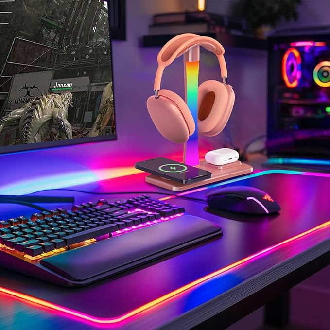 Headphone Stand with Wireless Charger,Gaming HeadsetStand with RGB Light Mode,Airpod MaxStand Compatible with Airpod Pro/3/2,iPhone 16/15/14/13/12/11,Samsung,Gifts for Gamers & Music Lover (Gold)