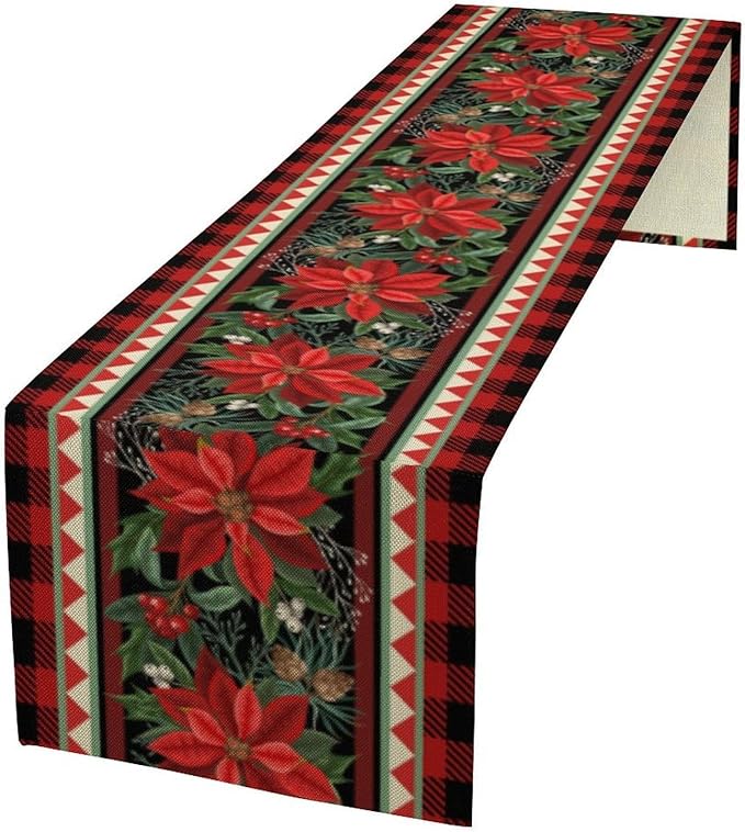 Christmas Table Runner,Seasonal Winter Xmas Holiday Plaid Table Cloth Kitchen Dining Table Decoration for Home Party Decor 13x36 Inch