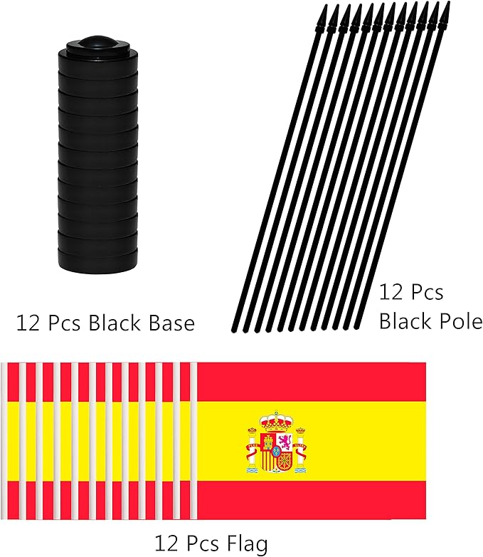 12 Pack Spain Desk Flags Set, Spanish Small Mini Table Office Flags With 12" Solid Black Pole, Black Base and Spear Top, Miniature Desktop Flag, Home Decoration, Office Decoration, Festival