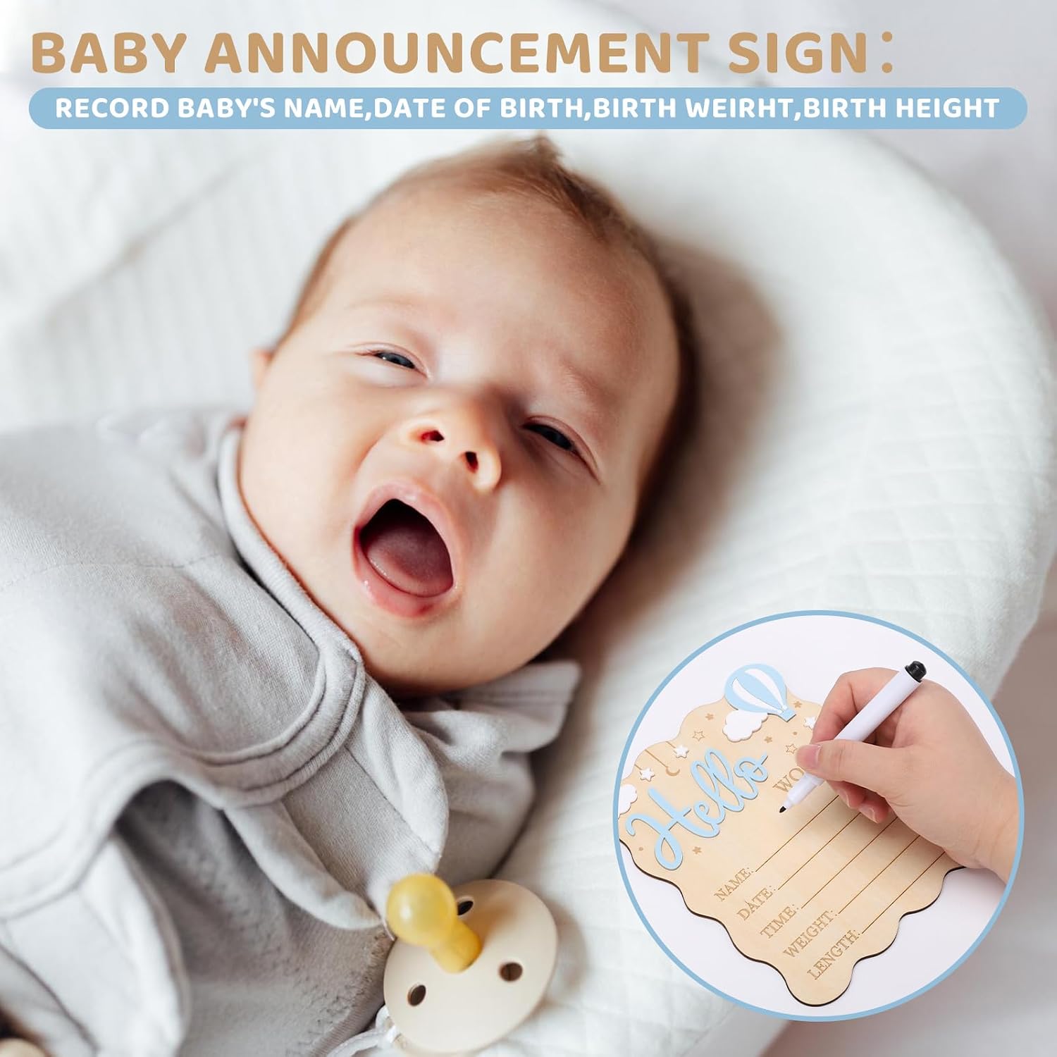 Baby Announcement Sign, Wooden Newborn Birth Plaque, Blue | Natural Wood, Smooth Finish, Write Baby Name and Birth Details, Photo Grop, Nursery Decor, Baby Shower Gift