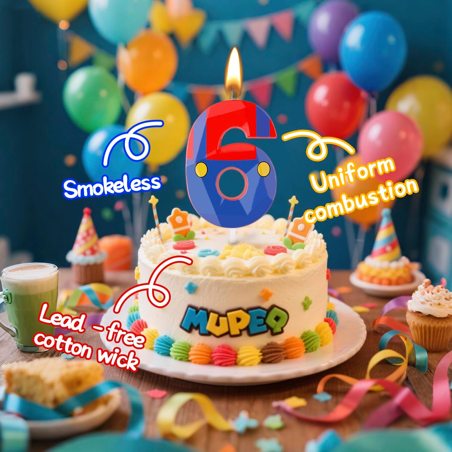 Blue Red Cartoon Game Candle Numeral Birthday Candles Cake Topper Decorations for Boys Girls Kids Cartoon Themed Party Supplies (Number 6)