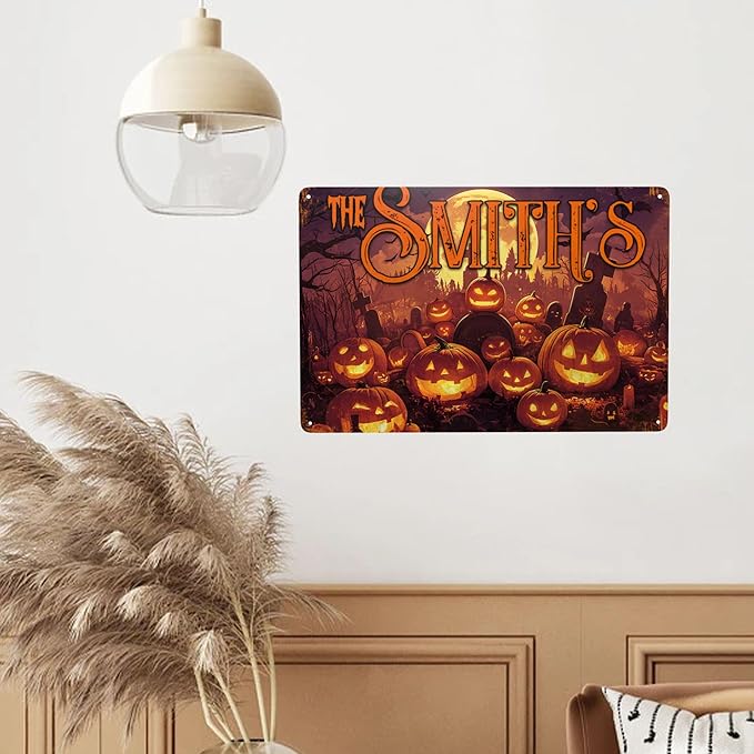 Personalized Halloween Metal Sign with Family's Name or Text Custom Pumpkin Wall Decor Signs Fade Resistance for Indoor Outdoor Spooky Gifts for Friends Family