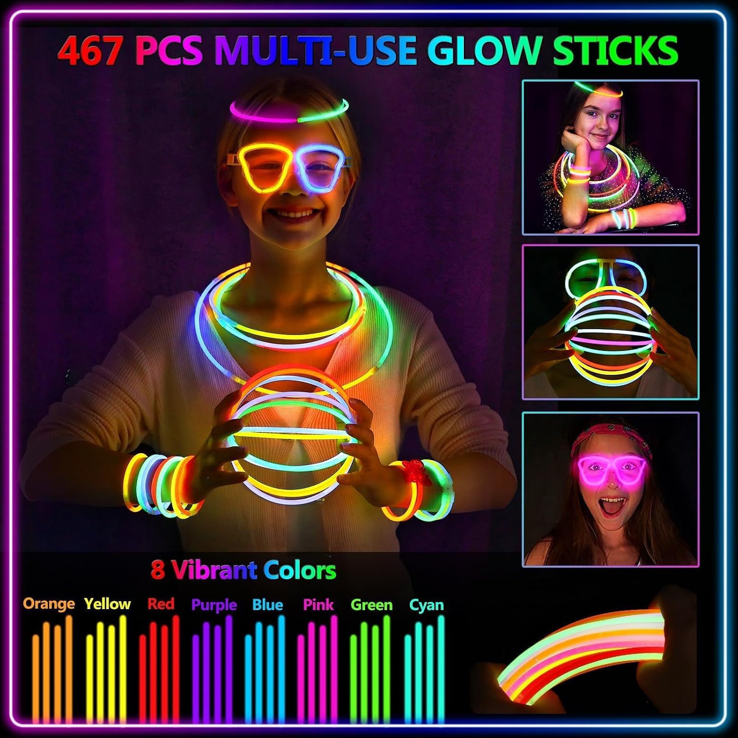 BUDI 467Pcs Glow Sticks Party Favors for Kids Adults Glow in the Dark Party Supplies 4th of July Accessories Neon Decors 200 GlowSticks Bulk 8 Colors 8 Inch & 267 Connectors Necklace Bracelet Glasses