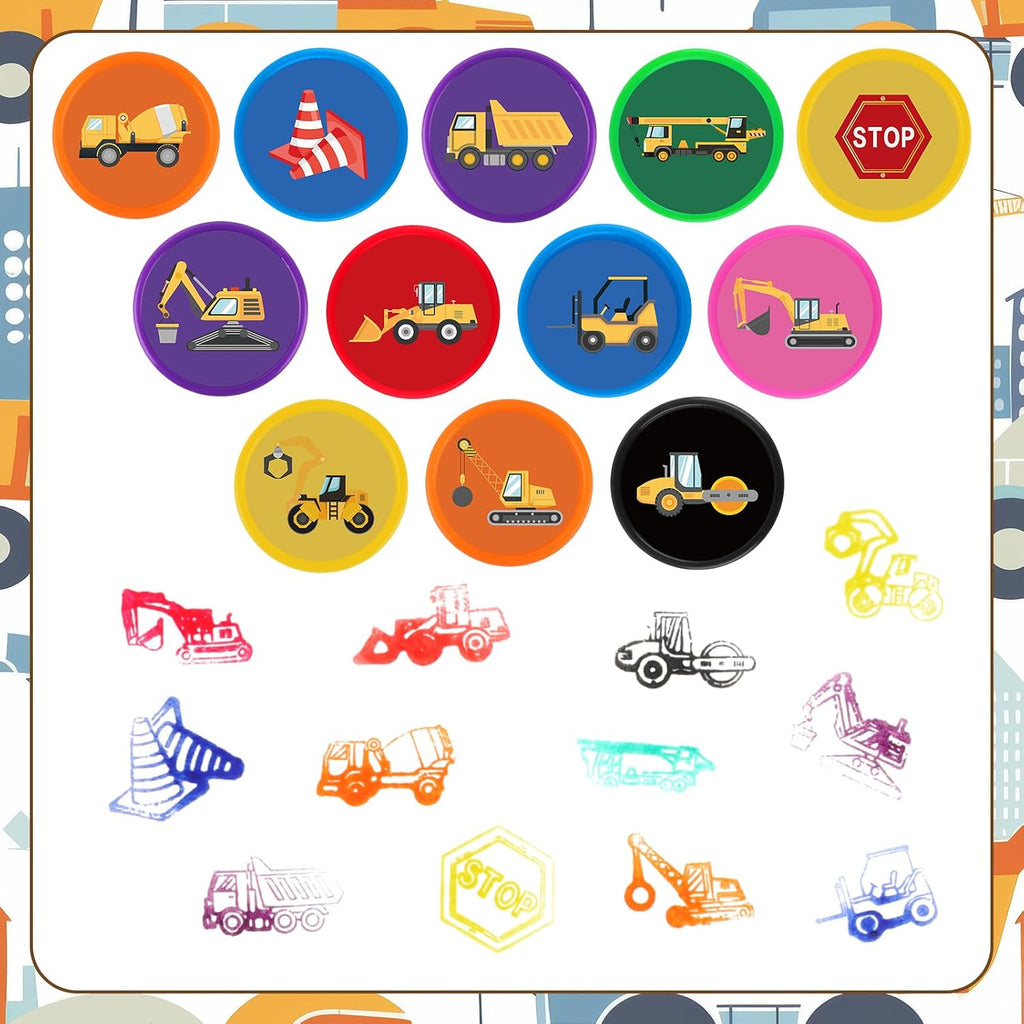Hxezoc 24 Pieces Construction Truck Print Stamp, Mini Colorful Self Inking Stamps Party Favors Assorted Stamp Set for Classroom Party Educational Learning Activities Supplies