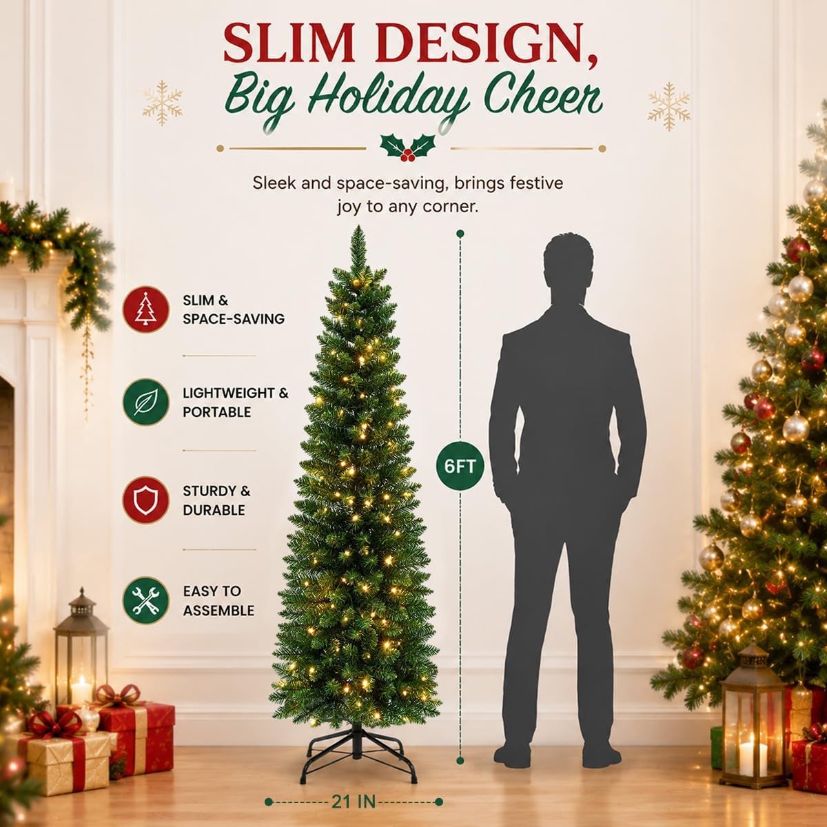 6ft pre-lit slim artificial christmas tree - 260, side view