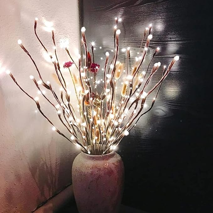 DK177 6 Pack Led Branch Light Battery Operated Lighted Branch Vase Filler Willow Tree Artificial Little Twig Power Brown 30 Inch 20 LED for Home Romantic Decoration, White