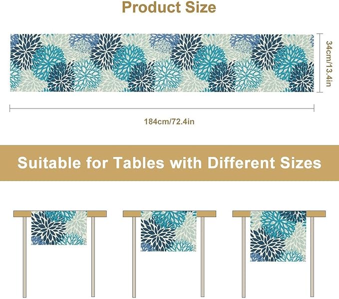 Floral Table Runner,Blue Flowers Print Spring Summer Table Cloth Kitchen Dining Table Home Party Decoration 13x72 Inch