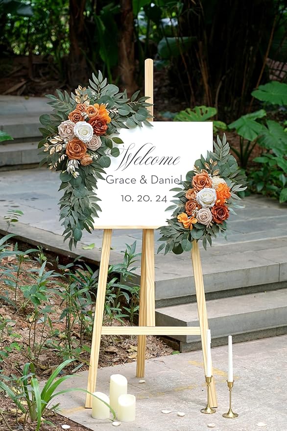Artificial Flower Swag Set of 2 for Wedding Welcome Signs Floral Decorations, Burnt Orange Wedding Arch Flowers for Wedding Ceremony