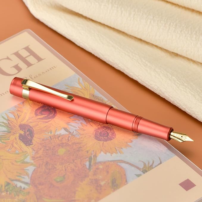 Hongdian M2 Black Forest Mini Fountain Pen, Medium Soft Golden Nib & Sleek Shape Aluminium Short Pocket Travel Pen (Orange Red)