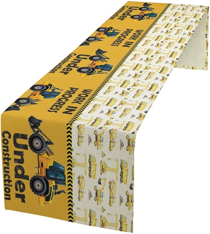 Cartoon Car Table Runner,Boys Kids Construction Vehicles Truck Yellow Print Tablecloth Burlap for Hotel Indoors Outdoor Dining Room Kitchen Home Decor,W13X L108 in