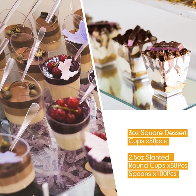 Nuogo 100 Pcs Mini Dessert Cups with Spoons Include 3 oz Square Plastic Appetizer Cups 2.5 oz Slanted Round Parfait Shooter Cup Small Clear Mousse Pudding Cup for Wedding Baby Shower Birthday Party