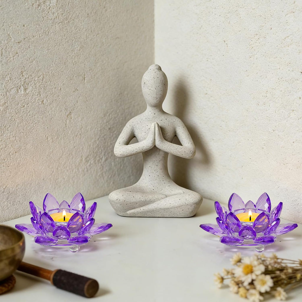 1 Pc Purple Crystal Lotus Flower Tealight Candle Holder | Glass Votive Candlestick Decor for Home, Wedding, Party & Christmas Table Centerpieces