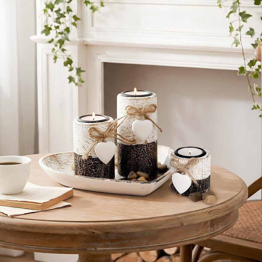 Farmhouse Candle Holders 3 Pack Rustic Wooden Pillar Candle Holder with Heart Tray and Stones Tealight Candles Holders Farmhouse Centerpiece for Coffee Table Mothers Day Valentines Home Decor