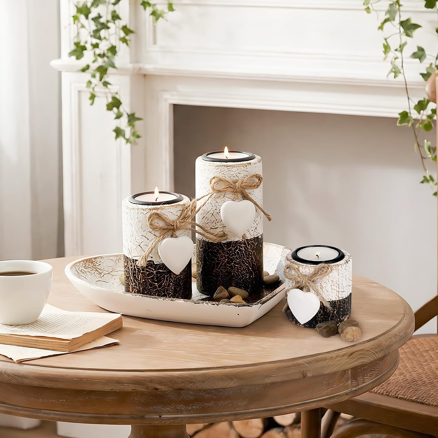 Farmhouse Candle Holders 3 Pack Rustic Wooden Pillar Candle Holder with Heart Tray and Stones Tealight Candles Holders Farmhouse Centerpiece for Coffee Table Mothers Day Valentines Home Decor