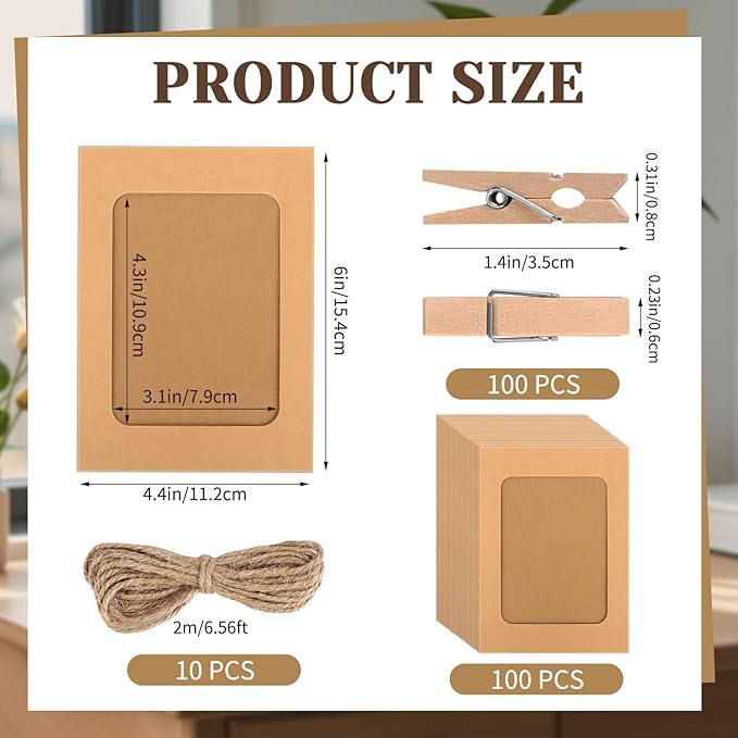 100 Pack Paper Picture Frames, 4x6 Inch Photo Strip Frame Hanging Photo Display Banner, Kraft Photo Holder with Wooden Clips and String for Wall Decor and Party Supplies