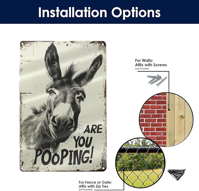 Funny Donkey "Are You Pooping?" Tin Sign - 8x12 Inch Vintage Metal Wall Décor, Humorous Bathroom Sign for Indoor & Outdoor Use, Farmhouse-Style Rustic