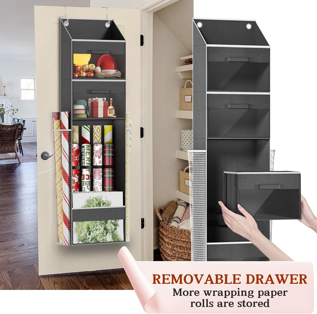 Over Door Wrapping Paper Organizer Storage with 3 Removable Drawers & Side Pockets – Dual Use Design with Elastic Straps – Christmas Gift Wrap Storage for Ribbons, Bows, Ornament and Other Tools 1Pack