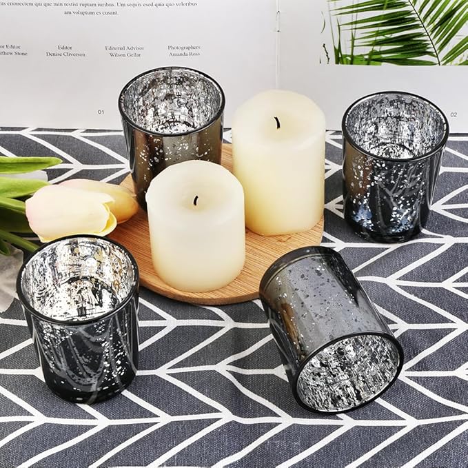 Black Mercury Glass Tea Light Holders Set of 36 - Elegant Votive Candle Holders for Weddings, Showers and Home Decor - Perfect for Table Centerpieces and Parties (Glass, Black)