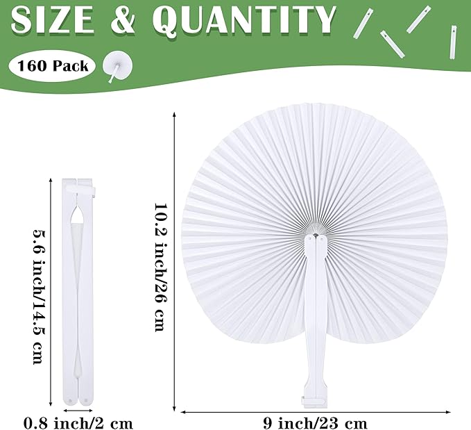 MCEAST 160 Pack Folding Wedding Paper Fans White Handheld Folding Fan Round Shaped Wedding Fans with Plastic Handle for Wedding Birthday Party Favors Supplies Home Decoration (Round)