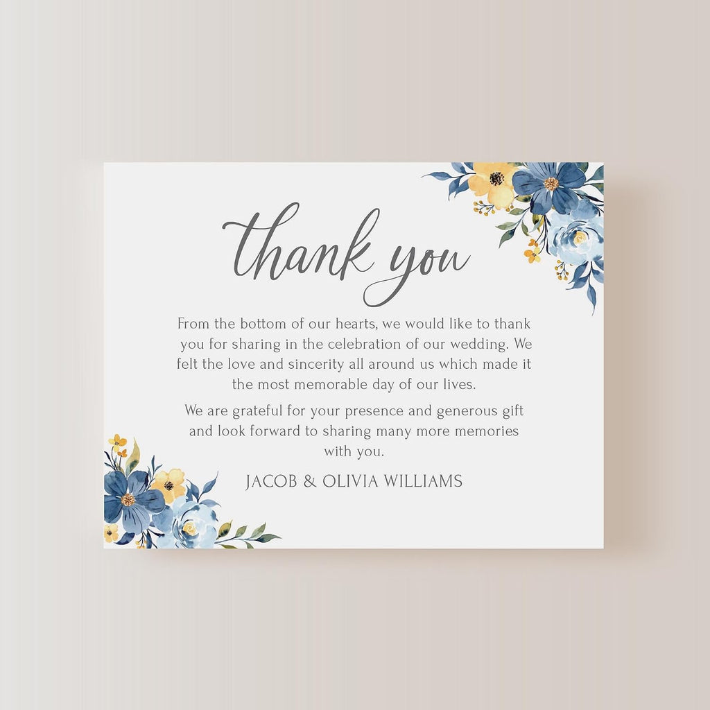 Personalized Wedding Thank You Cards with Envelopes, Flat 4.25 x 5.5 Custom Thank You Notes, Blue Floral Wedding Thank You Cards (Blue Floral)
