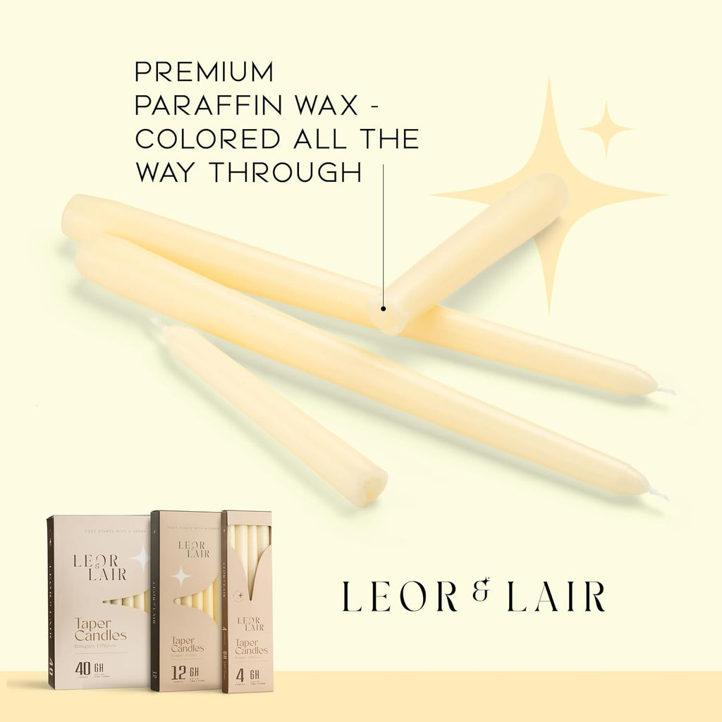 Leor & Lair Ivory Taper Candles - 4 Pack 10" Ivory Candlesticks - Unscented Cream Candle Sticks for Home Decoration, Holiday Tables, Weddings, Restaurants & Business Events