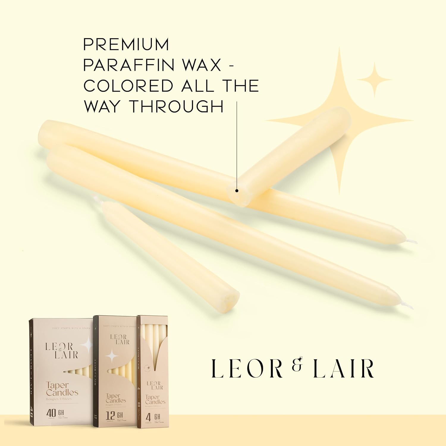 Leor & Lair Ivory Taper Candles - 4 Pack 10" Ivory Candlesticks - Unscented Cream Candle Sticks for Home Decoration, Holiday Tables, Weddings, Restaurants & Business Events