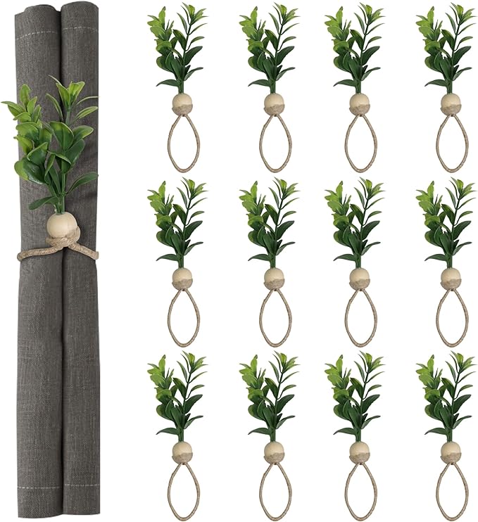 MAOANME Napkin Rings Set of 12, Rustic Eucalyptus Napkin Holder Rings with Wood Bead, Farmhouse Green Leaf Napkin Ring Bulk, Boho Napkin Ring for Wedding, Table Decor