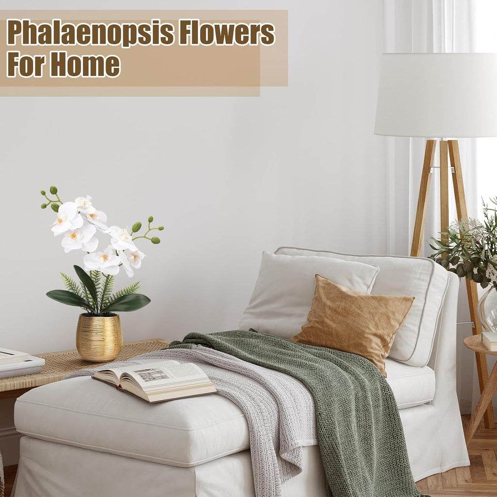 orchids artificial flowers in gold ceramic vase 13'', side view