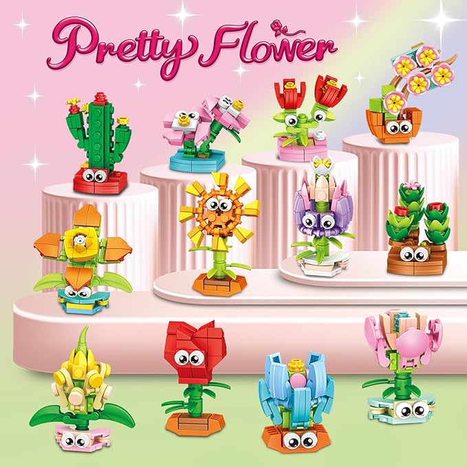 36 Packs Party Favors Building Blocks, Ideal for Kids Classroom Exchange, Flower Bouquets Building Set, Mini Building Flower Set, DIY Unique Great Brithday Gifts for Girls Womens