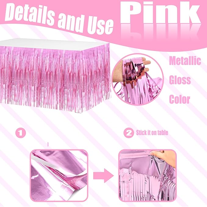 4 Pack 29x108 Inch Valentine's Day Metallic Foil Fringe Tinsel Table Skirts for Rectangle Tables Streamer Curtains Backdrop for Wedding, Birthday, Parade Floats Mardi Gras Party Decorations(Pink)