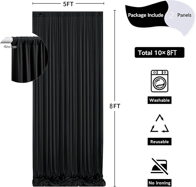 10 ft x 8 ft Wrinkle Free Black Backdrop Curtain for Parties, Polyester Black Photo Backdrop Drapes for Graduation Birthday Wedding Party Stage Curtains