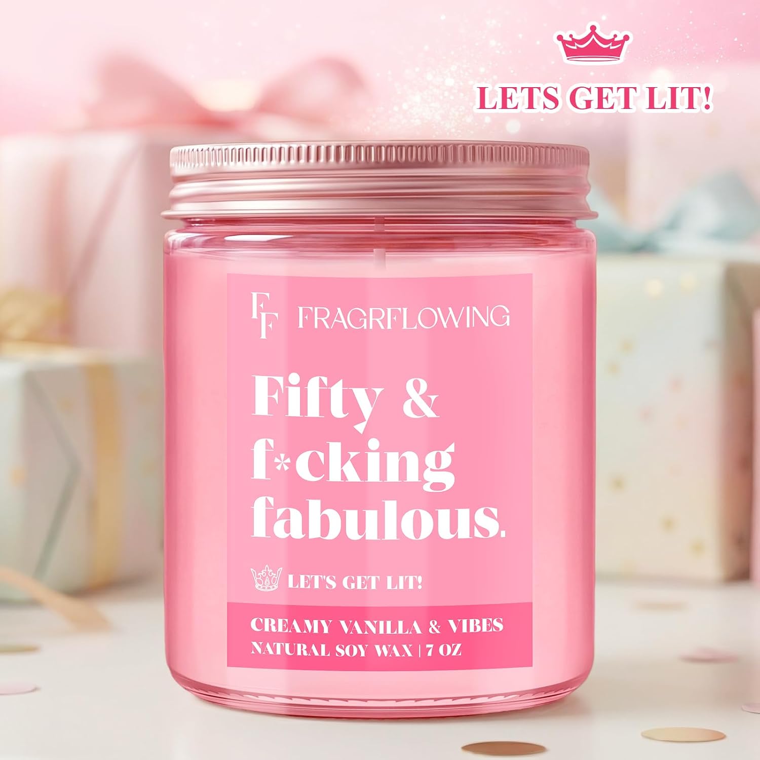 50th Birthday Candle Gifts for Women - Fifty & Fabulous! Creamy Vanilla & Natural Soy Wax Candle, Pink Jar Funny Gifts for Daughter, Sister, Best Friend or Wife Birthday Decorations